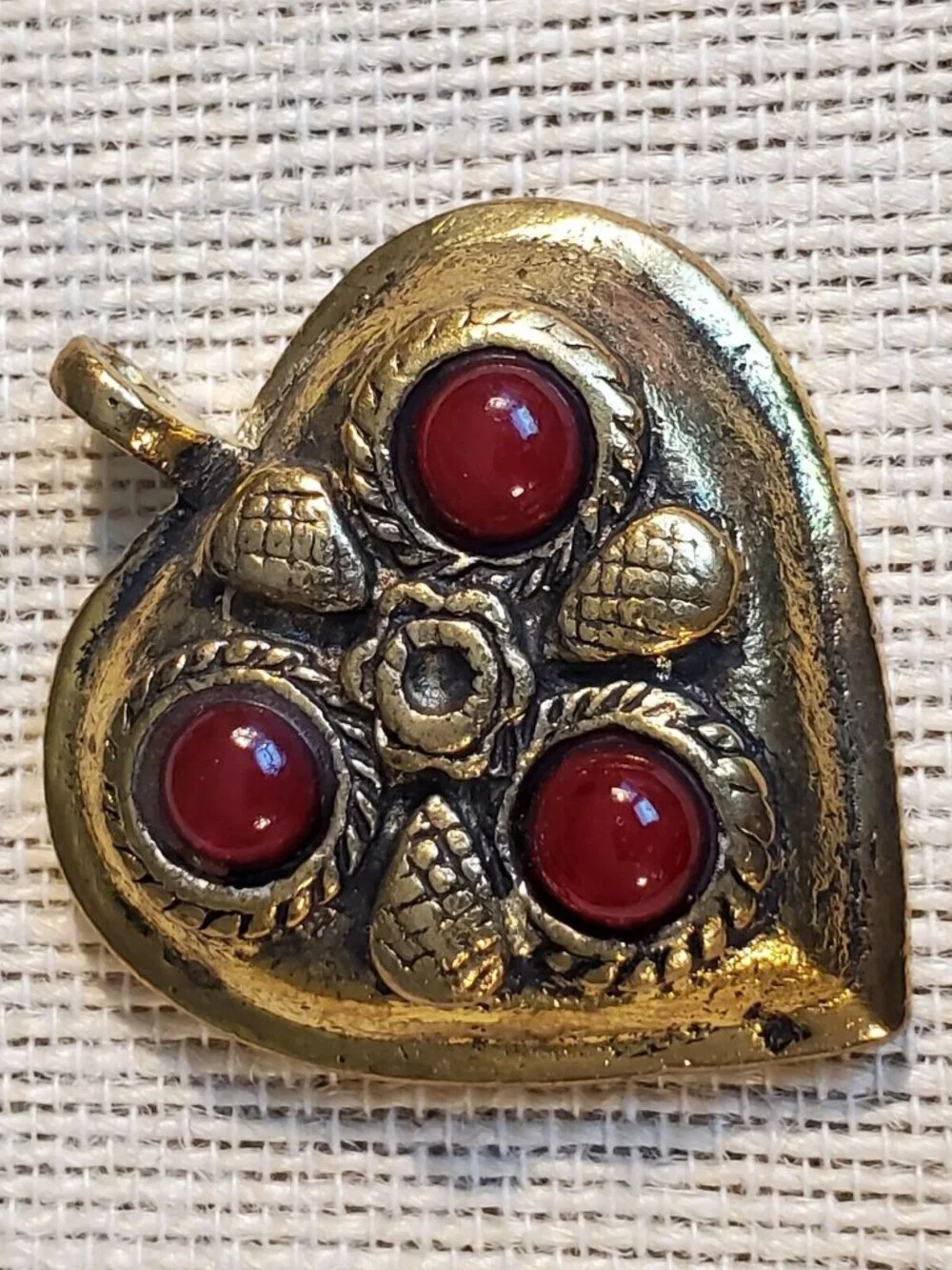 India Tribal Carved Heart Red Glass Cabs Antique Gold Aluminum Metal Pendant